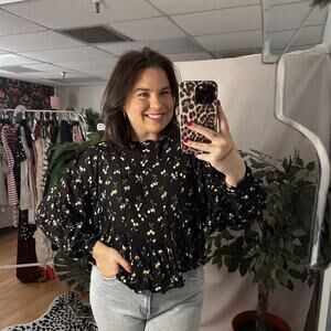 Free People Black Cherry Print High Neck Long Sleeve Blouse Size Small